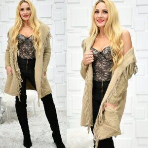 SO SOFT Fuzzy open front fringe details sweater knit Cardigan tan